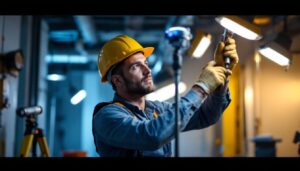A photograph of a skilled lighting contractor at work