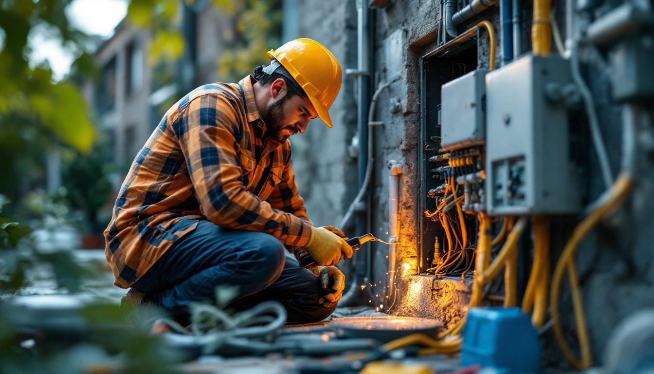 A photograph of a skilled lighting contractor installing weatherproof electrical boxes in an outdoor setting