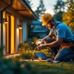 A photograph of a lighting contractor installing solar-powered led lights in a residential or commercial outdoor setting