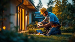 A photograph of a lighting contractor installing solar-powered led lights in a residential or commercial outdoor setting