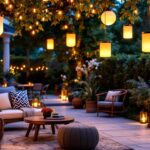 A photograph of a beautifully arranged outdoor setting featuring various styles of solar hanging lanterns illuminated at dusk