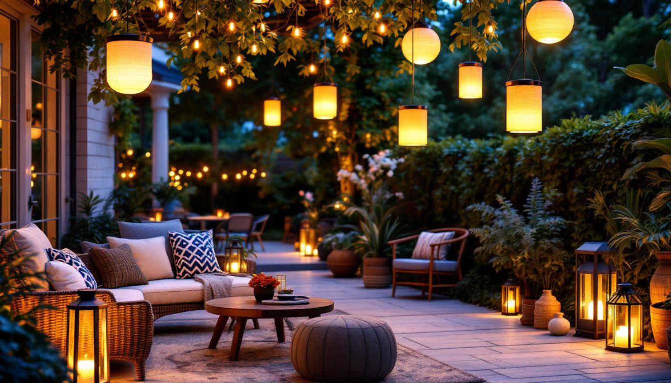A photograph of a beautifully arranged outdoor setting featuring various styles of solar hanging lanterns illuminated at dusk