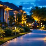 A photograph of a well-lit outdoor setting showcasing motion-sensing lights in action