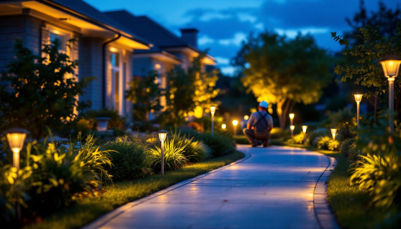 A photograph of a well-lit outdoor setting showcasing motion-sensing lights in action