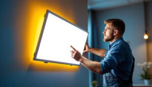 A photograph of a lighting contractor expertly installing a sleek
