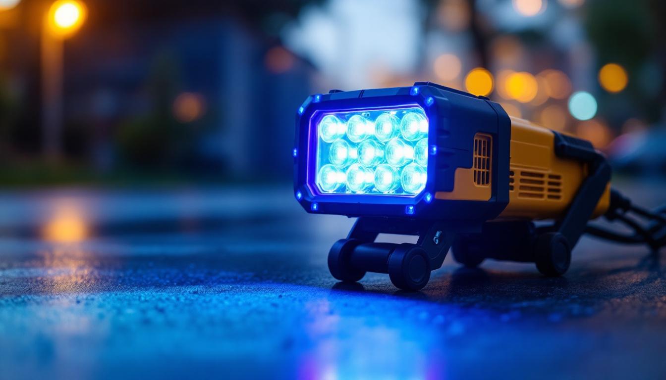 A photograph of a lighting contractor using a portable ultraviolet light in an outdoor setting