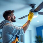 A photograph of a skilled lighting contractor efficiently installing a replacement light kit on a ceiling fan in a well-lit