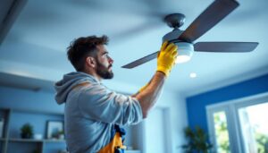 A photograph of a skilled lighting contractor efficiently installing a replacement light kit on a ceiling fan in a well-lit