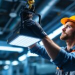 A photograph of a skilled lighting contractor expertly installing or adjusting a lumen 4000 lighting fixture in a well-lit environment