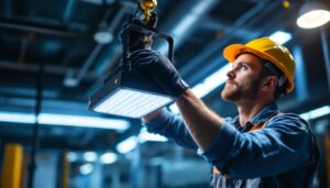 A photograph of a skilled lighting contractor expertly installing or adjusting a lumen 4000 lighting fixture in a well-lit environment