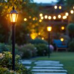 A photograph of a beautifully illuminated garden featuring stylish pole garden lights