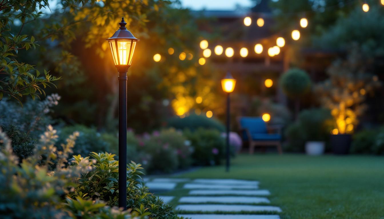 A photograph of a beautifully illuminated garden featuring stylish pole garden lights
