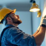A photograph of a skilled lighting contractor in action