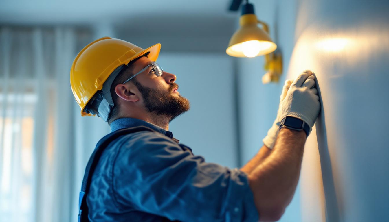 A photograph of a skilled lighting contractor in action