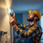 A photograph of a skilled contractor installing or adjusting smart lighting fixtures in a modern home setting