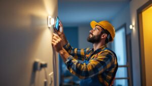 A photograph of a skilled contractor installing or adjusting smart lighting fixtures in a modern home setting