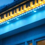 A photograph of a beautifully illuminated exterior soffit featuring led lighting