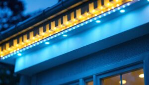 A photograph of a beautifully illuminated exterior soffit featuring led lighting
