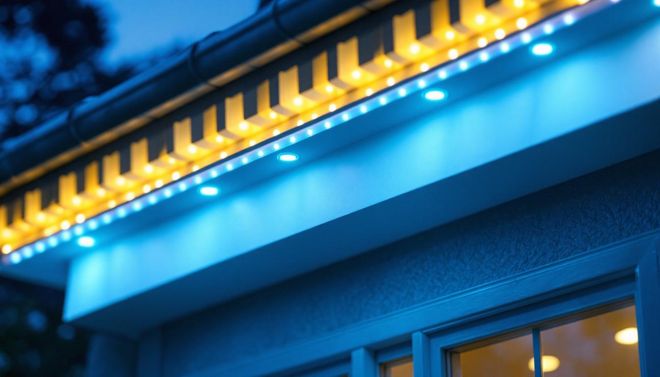 A photograph of a beautifully illuminated exterior soffit featuring led lighting
