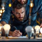 A photograph of a lighting contractor examining a variety of incandescent and led bulbs in a well-lit workspace