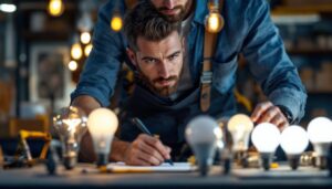 A photograph of a lighting contractor examining a variety of incandescent and led bulbs in a well-lit workspace