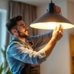 A photograph of a lighting contractor skillfully installing or adjusting a stylish scone light in a modern interior setting