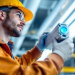 A photograph of capture a photograph of a lighting contractor inspecting or installing a fluorescent ballast in a commercial lighting setup
