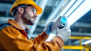 A photograph of capture a photograph of a lighting contractor inspecting or installing a fluorescent ballast in a commercial lighting setup