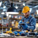 A photograph of a skilled lighting contractor working on an installation
