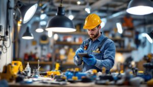 A photograph of a skilled lighting contractor working on an installation