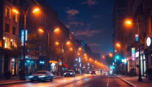 A photograph of a vibrant urban street scene illuminated by led street lights at dusk