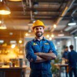 A photograph of a lighting contractor at work