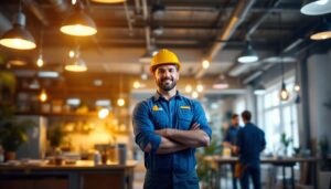 A photograph of a lighting contractor at work