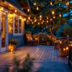 A photograph of a beautifully illuminated outdoor deck adorned with string lights