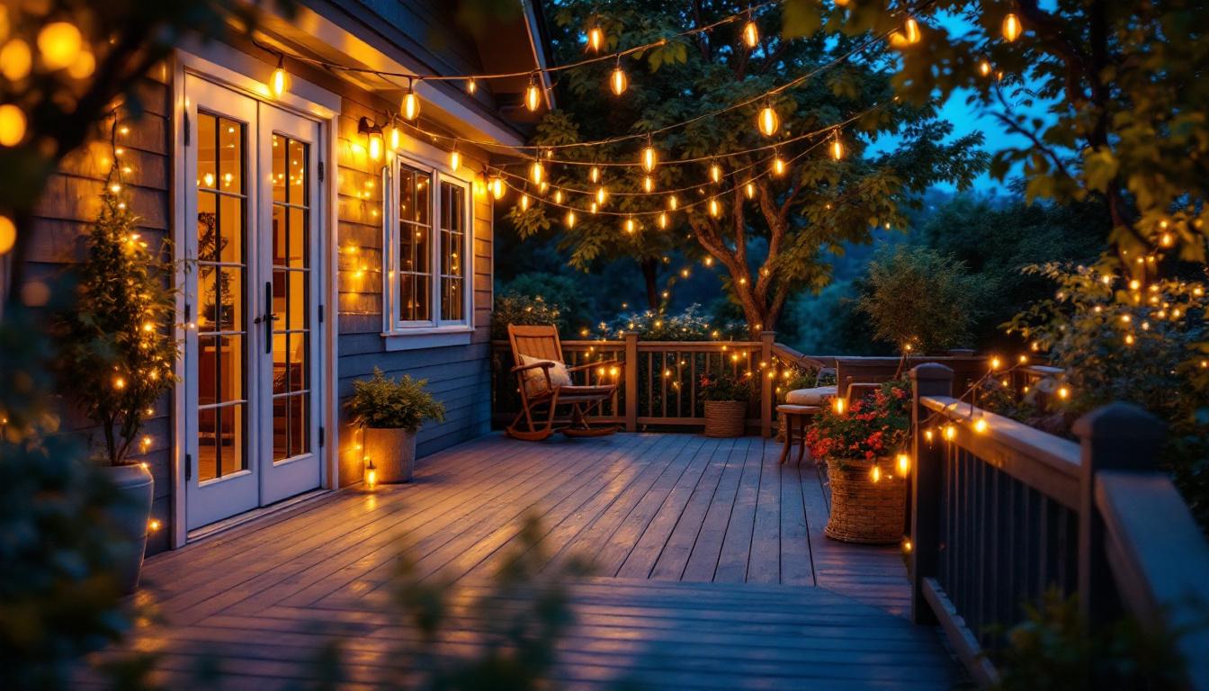 A photograph of a beautifully illuminated outdoor deck adorned with string lights