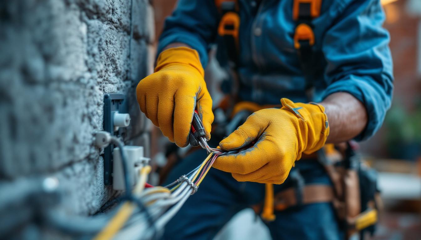 A photograph of a lighting contractor in action