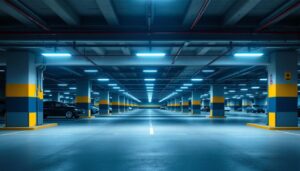 A photograph of capture a photograph of a well-lit parking garage interior