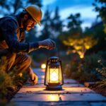 A photograph of a skilled lighting contractor installing an amazon solar-powered lantern in a beautifully landscaped outdoor setting