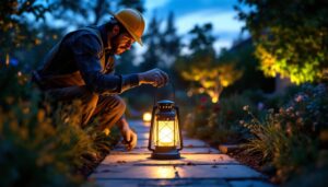 A photograph of a skilled lighting contractor installing an amazon solar-powered lantern in a beautifully landscaped outdoor setting