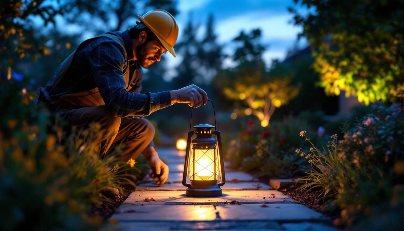 A photograph of a skilled lighting contractor installing an amazon solar-powered lantern in a beautifully landscaped outdoor setting