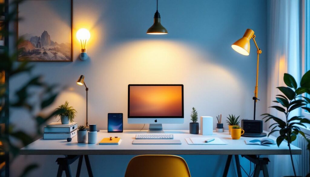 A photograph of a stylish and functional home office setup featuring various smart lighting fixtures