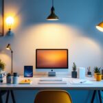 A photograph of a stylish and functional home office setup featuring various smart lighting fixtures