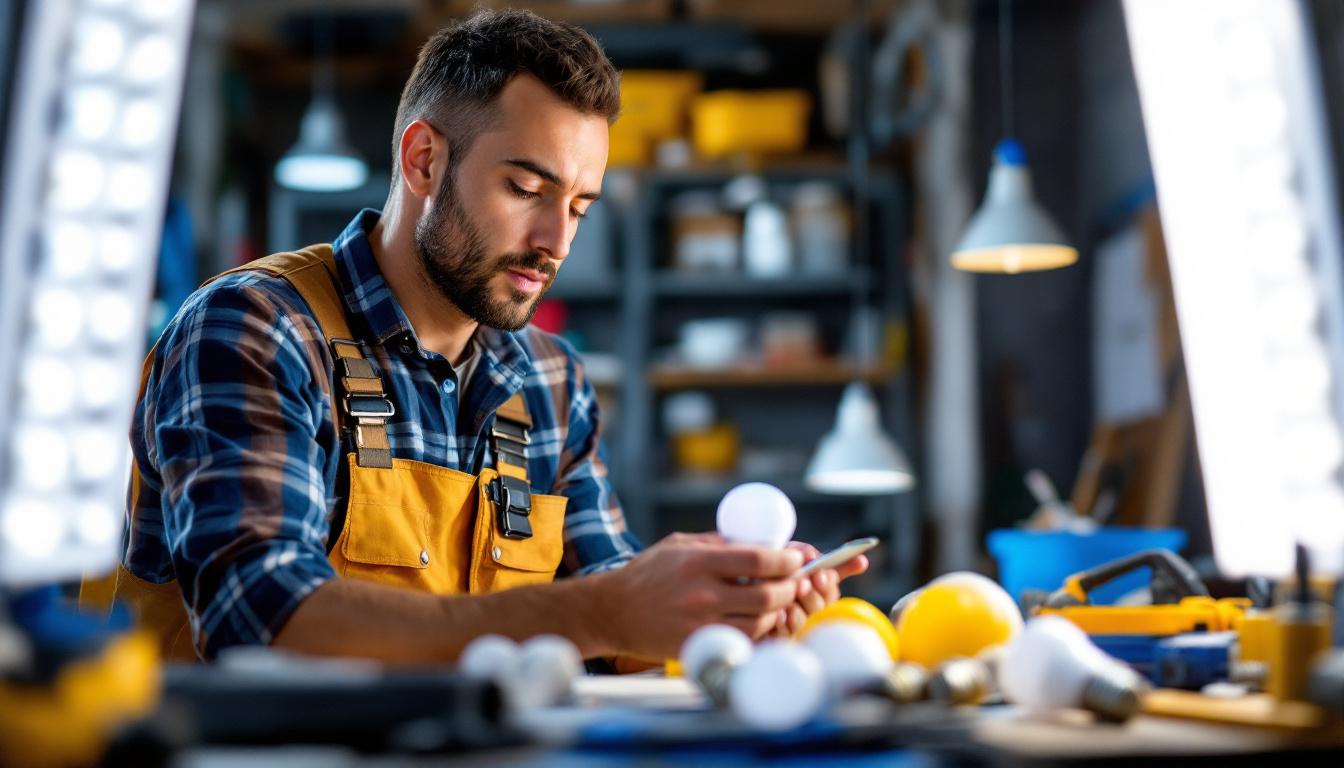 A photograph of a lighting contractor examining various led bulbs in a well-lit workspace