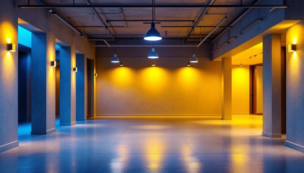 A photograph of a well-lit open ceiling basement showcasing modern lighting fixtures and the interplay of light and shadows