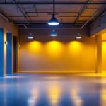A photograph of a well-lit open ceiling basement showcasing modern lighting fixtures and the interplay of light and shadows
