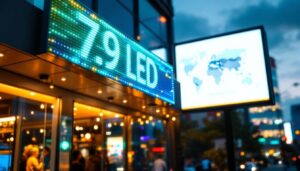 A photograph of a vibrant outdoor led business sign illuminated at dusk