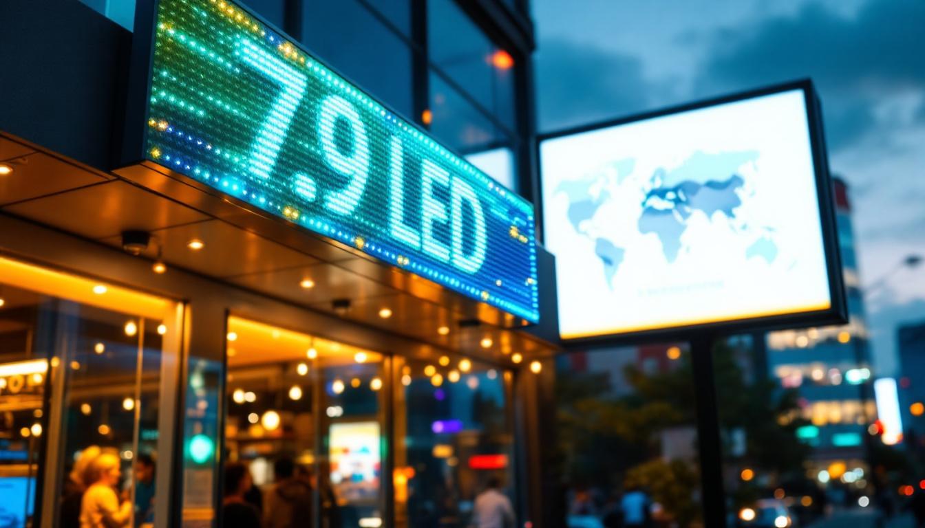 A photograph of a vibrant outdoor led business sign illuminated at dusk