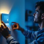 A photograph of a lighting contractor installing a modern