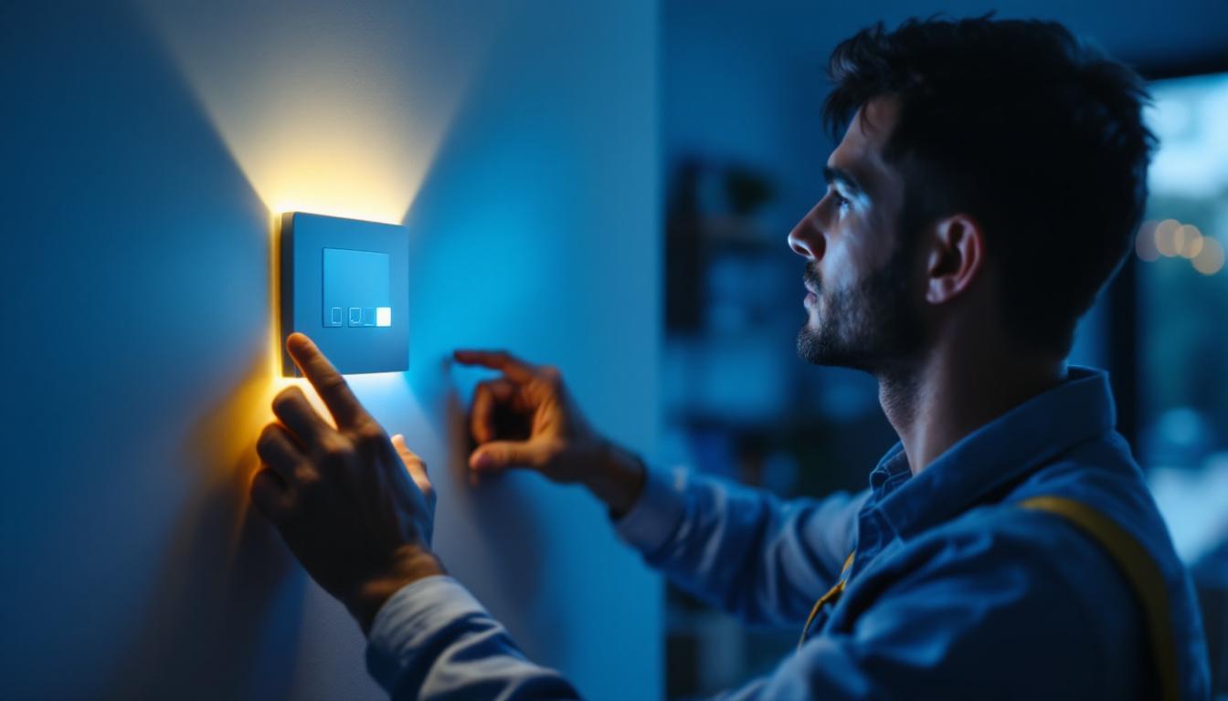 A photograph of a lighting contractor installing a modern