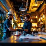 A photograph of a dynamic lighting contractor team in action